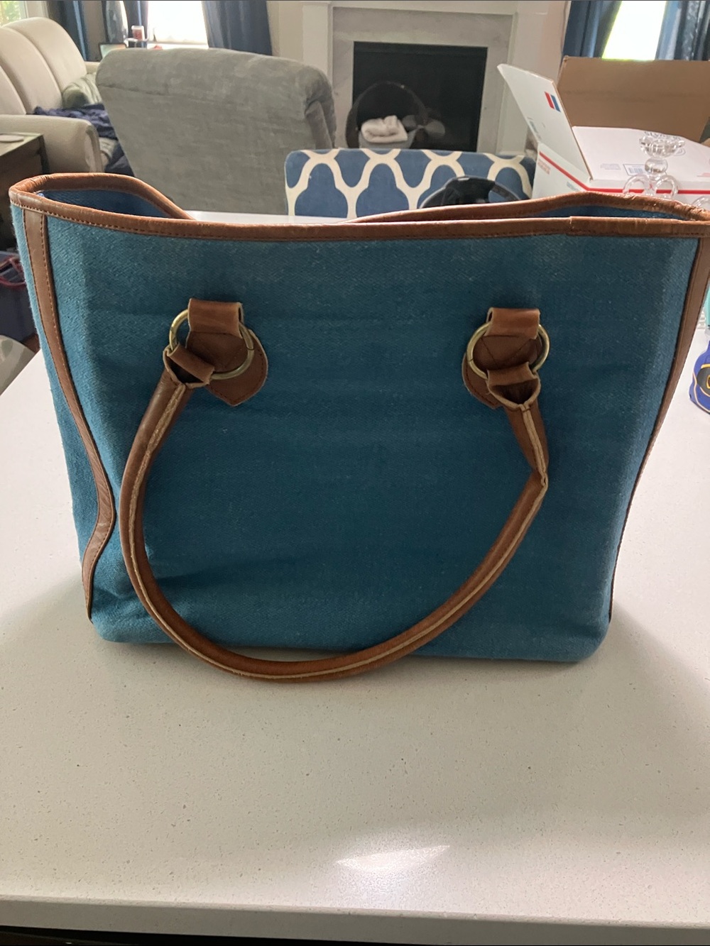 Everyday Teal Canvas Tote with Brown Trim